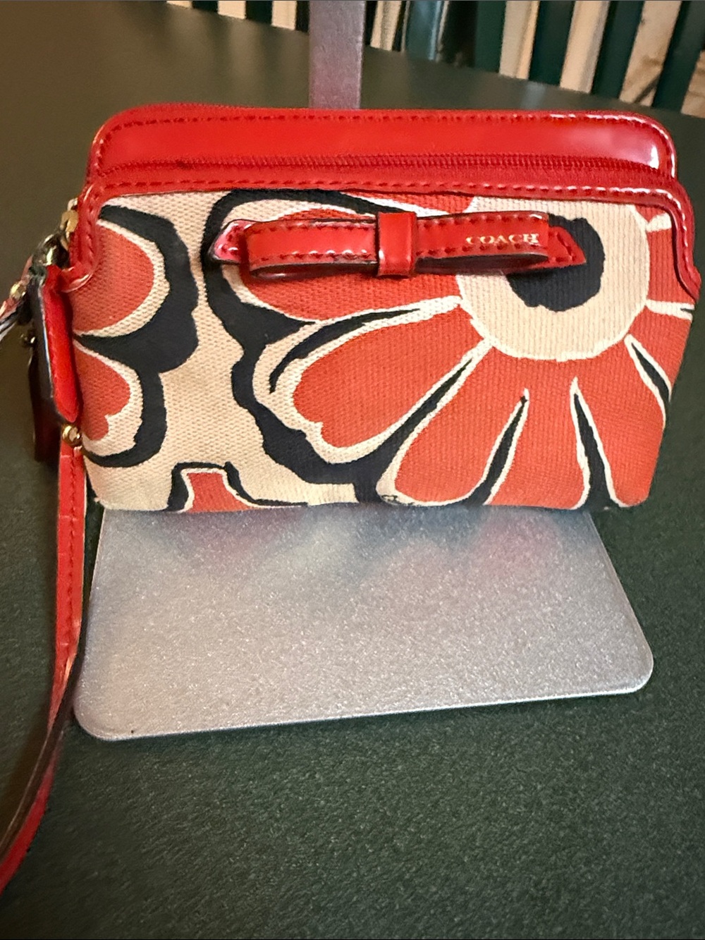 Coach Poppy Red Floral Canvas Wristlet with Black Accents